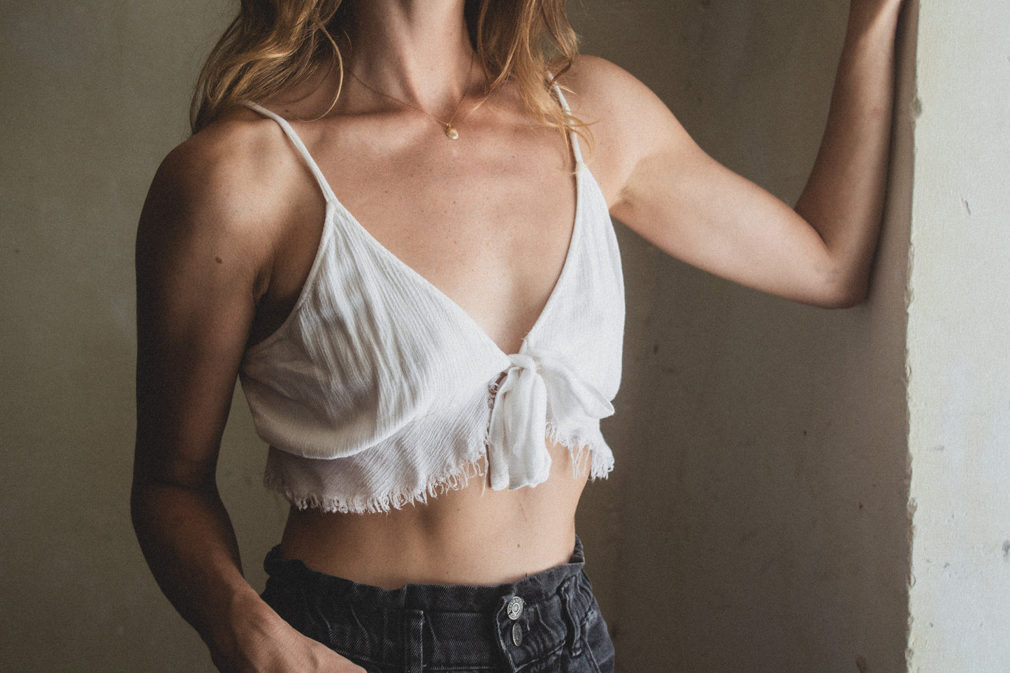 White Linen Tie Crop