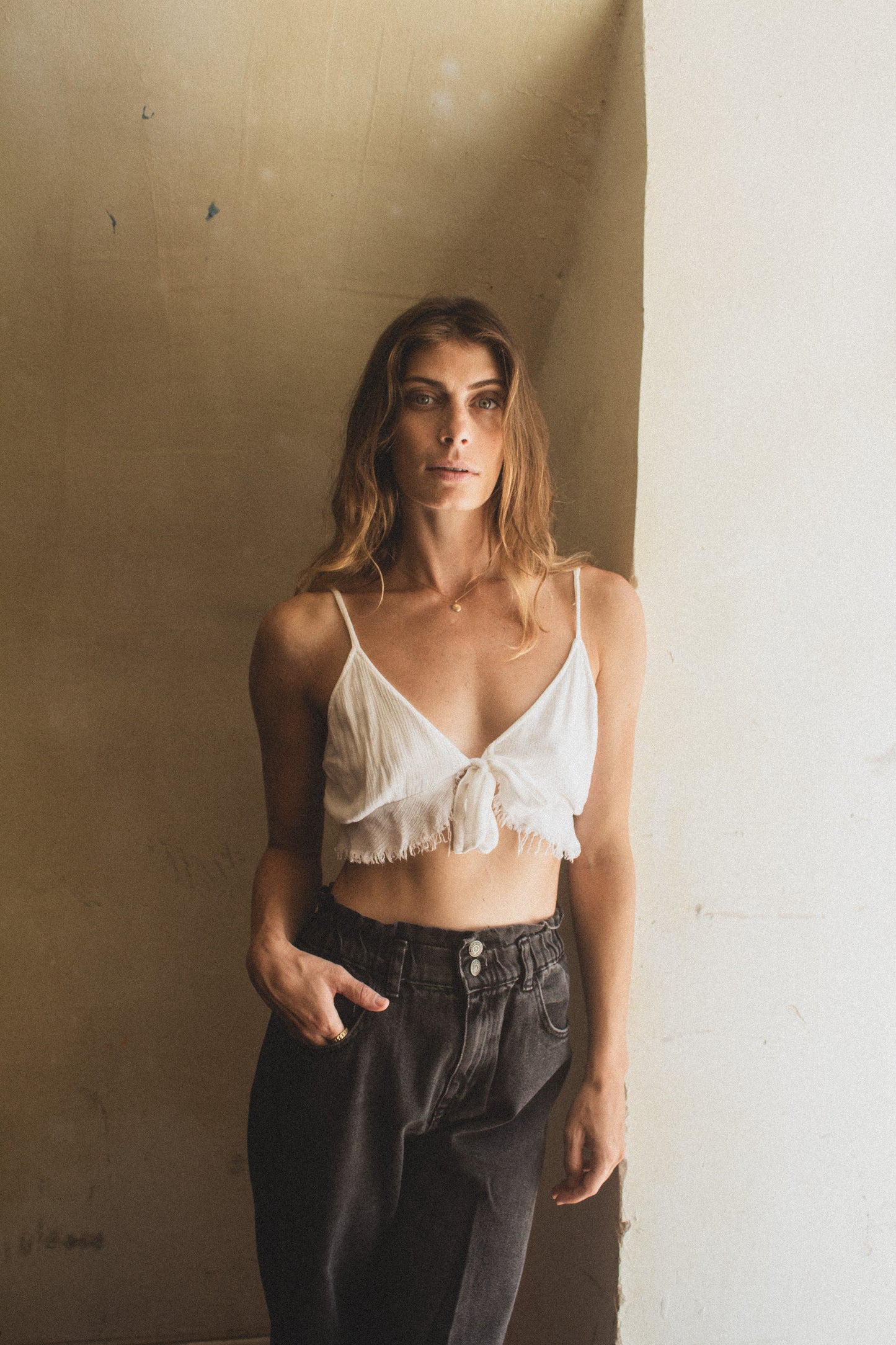 White Linen Tie Crop