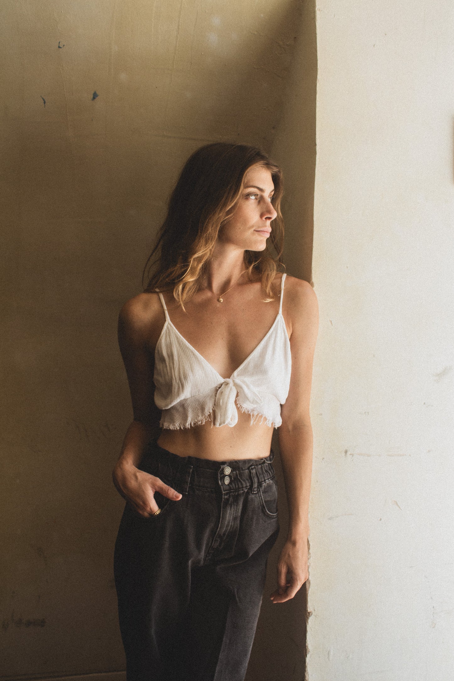 White Linen Tie Crop